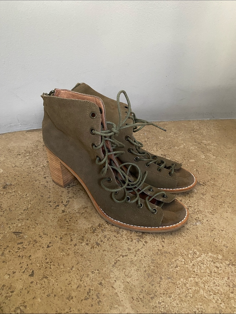 Lace-Up Jeffrey Campbell Open-Toe Suede Ankle Heels in Olive